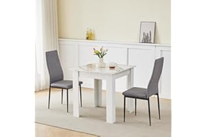 Pantanal Square Dining Room Set for 2, 75cm White Marble Dining Table with 2 Grey Fabric Dining Chairs, 3-Piece Kitchen Table Set Dinette Set for Small Apartments, Space Saving Home Kitchen Furniture