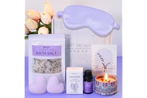 BAICAI Lavender Pamper Gifts For Women,Birthday Pamper Hamper Mum Self Care Gift Set Relaxation Bath Gift Care Package For Her,Relax Spa Gift With Essential Oil,Bath Bomb,Bath Salt,Candle,Sleep Mask,Card