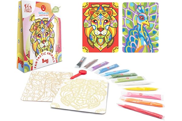 Sabbiarelli Sand-it For Fun - Bag Fantastic Animals, Mini-set Créatif de Sand Art pour Adolescents et Adultes : 12 Sachets de Sable Coloré et 2 Feuilles A6 Animaux Mandalas - Idée Cadeau