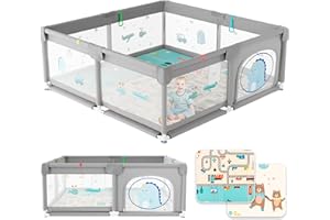 JUPPLIES Parque Infantil para Bebé XL 150x180 cm con Alfombra Puerta Lateral y Malla Transpirable, Estructura Metálica, Gris con dibujos - Corralito de Bebe - Baby Playpen