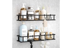 Wisfame Duschablage Ohne Bohren Schwarz, 40cm Kleberegal Bad Duschregal Ohne Bohren 2 Stück, Wasserdichter Badezimmer Organizer Regal, Shampoo Halterung für Dusche mit Haken