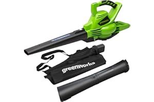 Greenworks GD40BV Akumulatorowa dmuchawa odkurzacz do liści z silnikiem bezszczotkowym, 280 km na godzinę, 9,63 m³ na min, worek na odpady 45 L bez baterii 40 V i ładowarki