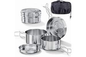 Bestargot Kit de Casserole Camping, 4pcs Compact Kit de Cuisine Camping en Acier Inoxydable, Kit de Popote Bivouac Gamelle Vaisselle Set de Camping Accessoires pour Bivouac Randonnée Outdoor Pêche