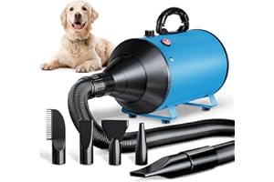TRIGRAND Secador de Pelo de Perro Blaster 3000 W, secador de Pelo para Mascotas, Calentador de Temperatura de bajo Ruido con 4 boquillas Diferentes,Azul Claro