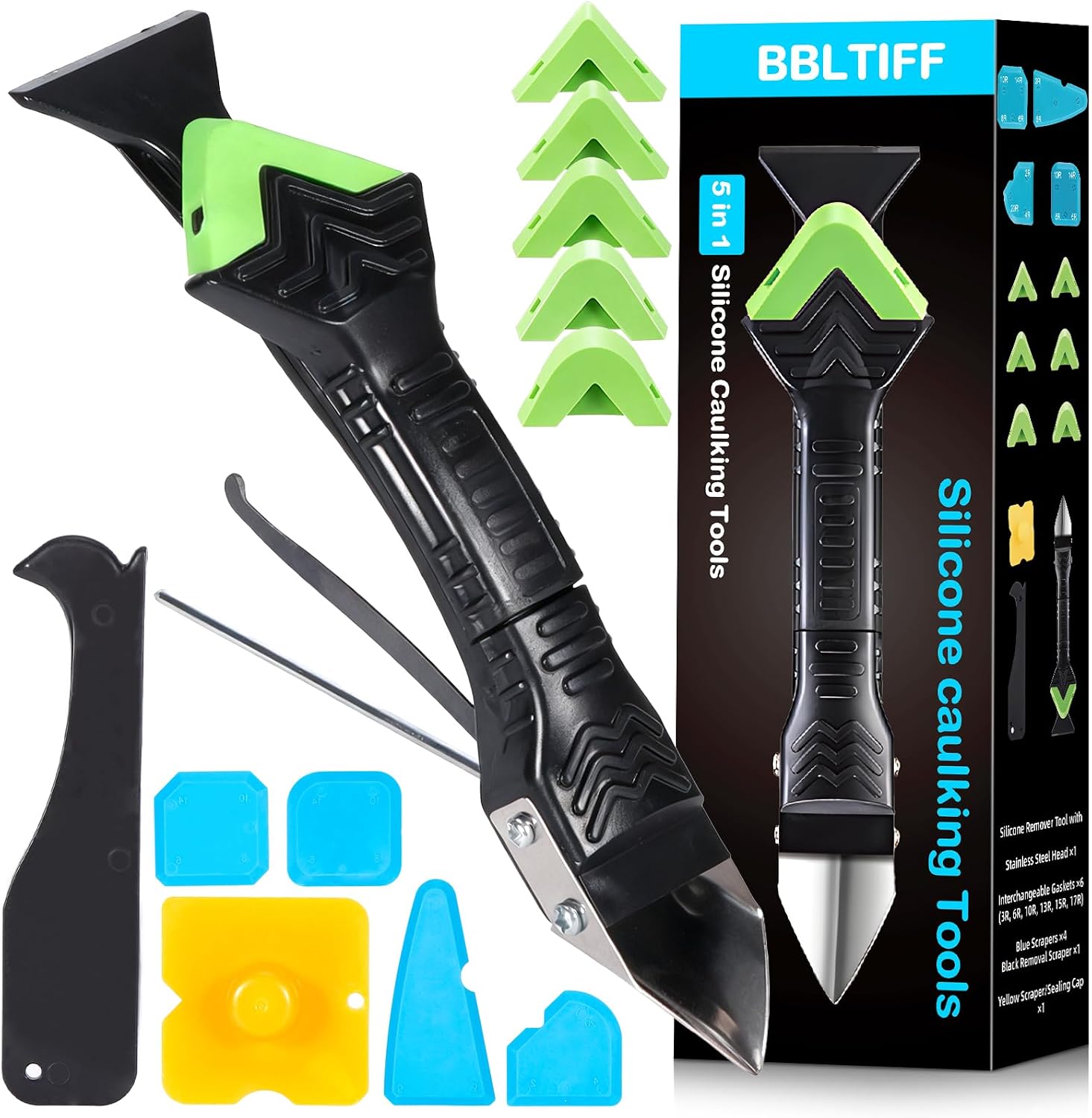 Aplicador Silicona Herramienta, BBLTIFF Kit de Calafateo 5 en 1, Herramientas de Eliminador de Sellantes Cemento Rascador Alisador de Masilla con 6 Almohadillas Reemplazables, para Baños y Cocinas