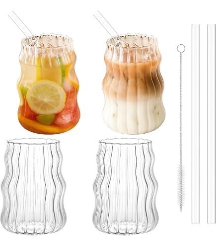 Lot De 4 Verres à Café Nervurés UptVin 300 Ml – Clairs, Empilables, Avec Brosse De Nettoyage (pour Café Glacé, Cocktails, Soda) - 8
