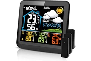 HAOYAO Station Météo avec 3 Capteur, Prévisions Météorologiques, Affichage de la Température et de l'humidité Pression de l'air Couleur, DCF Radio-Réveil Réveil Météo pour Gardin Extérieur Intérieur