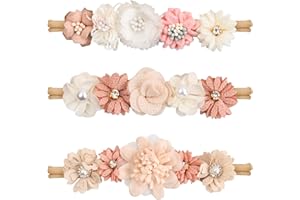 FANGEHONG 3 Pcs Baby Haarband Mädchen 0-3 Jahre, Stretchy Nylon Baby Stirnband mit Blumen Spitze Perle, Stirnbänder Neugeboren Weich Niedlich Floral Haarbänder Dünne, Haarreif für Kleinkind Party Fotografie (A)