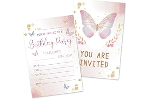 HOMANGA 20Pcs Birthday Party Invitations for Girls, Butterfly Birthday Invitation Cards with Envelopes, Party Invites for Kids Childrens Parties supplies (10x15 cm, Double-Sided)