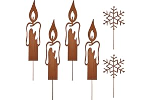 Gulfmew 6 Estacas de Jardín de Navidad de Metal Oxidadas Incluye 4 Estacas en Forma de Velas y 2 Estacas en Forma de Copos de Nieve Adorno Decoración Navideña con Aspecto Oxidado para Adviento