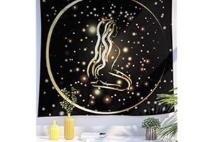 Berkin Arts Tapisserie Décorative avec Constellations Zodiaque Dorés Symboles Signes Tenture Murale Toile de Fond Esthétique Vierge Populaire Drôle pour Bureau Salon 150 x 200 cm