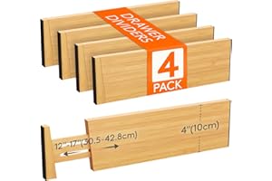 Lifewit 4 Pack Bamboo Drawer Dividers 4" High, 12-17" Adjustable Drawer Organisers for Clothes, Expandable Dresser Separators in Bedroom/Bathroom/Kitchen/Office Organization and Storage