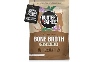 Hunter & Gather Beef Bone Broth Powder | 15g Protein | Grass Fed European Beef Collagen | Instant Savoury Drink or Cooking Boost | No Fridge Needed | 20 Servings | Gluten-Free | 400g | 74 kCal/serving