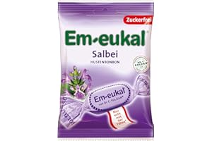 ‎EM-EUKAL Em-eukal Salbei Hustenbonbon zuckerfrei 75g – Aromatisch und kräuterig-frisch mit feinem Salbeiextrakt und hochwertigen ätherischen Ölen – Mit Vitamin C (1 x 75g)