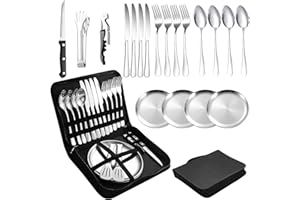 IGRARK Camping Cutlery Set for 4 People - Stainless Steel Camping Tableware Set for Outdoor, Picnic and Travel - with Stainless Steel Knife, Fork, Spoon and Plate, Portable Cutlery Including Cutlery Bag