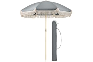 CHRISTOW Portable Garden Parasol with Tilt, 2m Cotton Tassel Beach Umbrella, Outdoor Patio Sunshade with Tilting Canopy, Steel Pole with Wood Effect, UV50+ Sun Protection, Water Resistant, Carry Bag