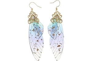 Happyyami 1Pair Creative Imitation Cicada Wings Earrings Unique Animal Design Ear Jewelry for Women Gold Foil Blue Easy to Wear for Weddings and Parties