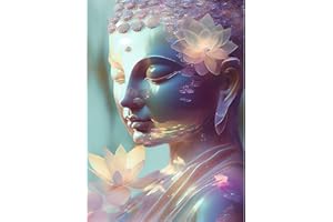 QENSPE Diamond Painting 5D, Statue Bouddha Peinture Diamant Adulte Complet Bouddha Fleur Diamant Kit Enfants, DIY Diamant Strass Point de Croix Cristal Painting Murale Décoration 30x40cm