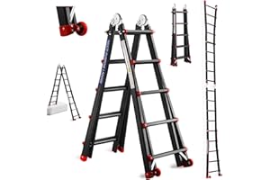 TEENO Scala Pieghevole Multifunzione 5,1 m, Scala telescopica con 2 Rimovibile Ruote e Base Rinforzata Triangolare, 5x5 Gradini, Carico 150KG, Nero