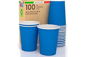 BACIATO CAFFÈ 100 Verres en Papier Couleur Bleu 200 ml Écologiques et Biodégradables, Gobelets Jetable par Emporter, Résistant à la Chaleur, Carton de Qualité, Boissons Froides, Chaudes, Café, CAPPUCCINO