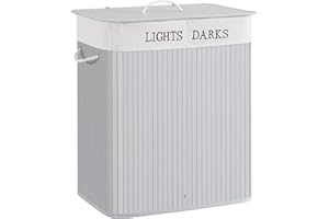 SONGMICS Cesto Ropa Sucia, 100 L, Cesta Ropa Sucia 2 Clasificaciones, con Tapa, Bambú, con Asas, Plegable, Bolsa Interior Extraíble y Lavable a Máquina, para Lavandería, Dormitorio, Gris LCB064G03