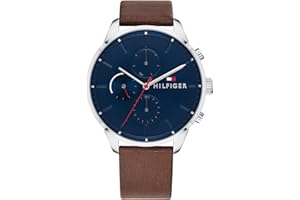 Tommy Hilfiger Montre Analogue Multifonctionnelle pour Homme - Bracelet en Cuir Marron, Cadran Bleu Marine de 44mm, Mouvement à 3 Aiguilles, Résistante à l'eau 5ATM - 1791487