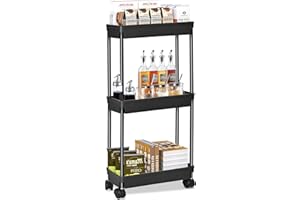 ‎WASJOYE WASJOYE Schmaler Rollwagen mit 3 Ebenen, Küchenregal Und Nichenregal auf Rollen, Küchenwagen Kunststoff, Servierwagen auf Haken, Regal auf Rollen für Küche, Schlafzimmer, Büro, Badezimmer（Schwarz）