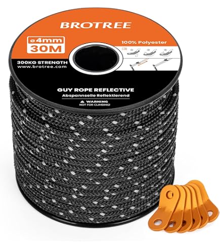Abma Cord 30M Corde De Tente Réfléchissante 4mm Avec 6 Tendeurs Aluminium - Charge Max 300kg - Rouge