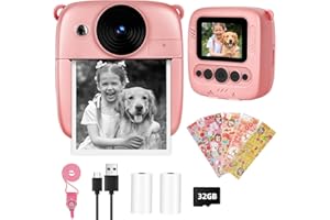 Niaazi Instant Print Camera 1080P HD Kids Camera - Instant Print Camera for 3-14 Year Old, Instant Camera with 32G SD Card, 2 Rolls Photo Paper, Boys and Girls Birthday Presents (Pink)