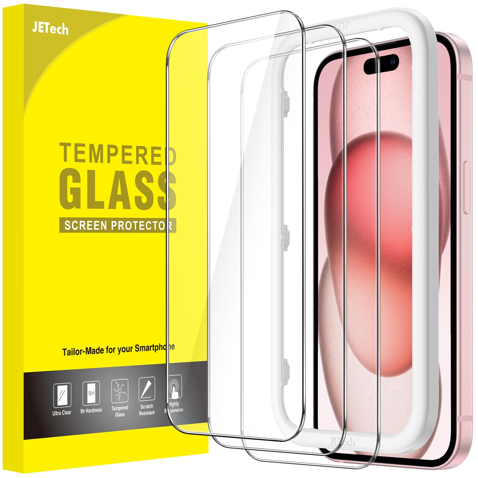 JETech Protector Pantalla para iPhone 15, 3 Unidades | 9H Cristal Vidrio Templado, HD Claro, Protección Anti-Arañazos, Marco de Instalación Fácil