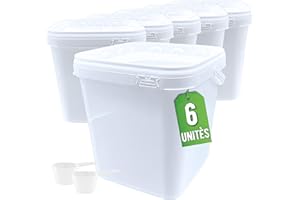 Üka • 6 Seaux en Polypropylène Blanc 5,4 L - 20x20x20,5 cm. Stockage en Plastique Dur avec Couvercle. Récipients Alimentaires Hermétiques. Seaux Vides avec Poignée. Empilables et sans BPA.