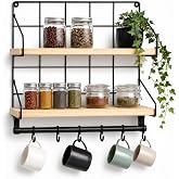 SOGUD Mutfak Rafı - 2 Katlı Baharatlık ve 6'li Kupa Askısı - Duvar Tipi Metal Ahşap Mutfak D&uuml;zenleyici - 40x30x10 cm - &Ccedil;ay Ka