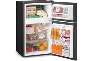 COMFEE' RCT87BL2(E) Under Counter Fridge Freezer, 87L Double Door Small Fridge Freezer with Light, Removable Shelves, Adjustable Thermostats, Reversible Doors Black