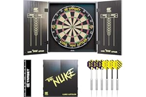Target Darts Luke Littler Cabinet & Dartboard Set | Player Edition ‘The Nuke’ Dart Board Cupboard Set with 2 Sets of Steel Tip Darts, Score Charts, Competition Standard Throw Line
