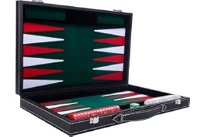Engelhart - 250508 - Luxury Backgammon - Green - 38 cm - 15 Inches - Faux Leather - Felt Inlay - Pearl Dice and Chips + 2 Cups - Strategy Game - Backgammon Game