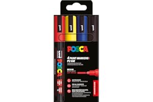POSCA 182545 - Set di pennarelli POSCA, 4 penne acriliche PC-5M, pennarello permanente con punta tonda da 1,8 a 2,5 mm