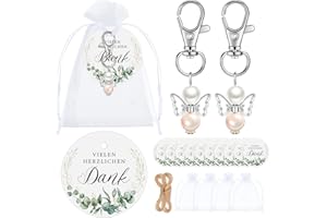 Otuuz 30 Sets Schutzengel Taufe Deko Dankeschön Gastgeschenke inklusive 30 Vielen Dank Geschenkanhänger mit Schnur 30 Engel Anhänger 30 Organzasäckchen für Hochzeit Firmung Kommunion(Weiß,Schutzengel)
