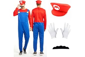 Jofiesu Party Costumes, 4 Pack Cosplay Costume Accessories Kits with Bodysuit, Luigi Hats Cap, Mustaches, White Gloves, Luigi Bros Fancy Dress Outfit Costume for Women or Men