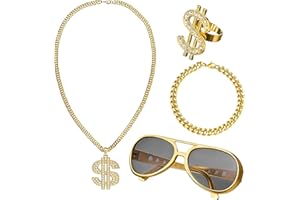 JEZIORO 4Pcs Ali g Costume,Hip Hop Fancy Dress,Dollar Sign Necklace,80s/90s Rapper Accessories Set,Gold Chain Glasses,Fake Jewellery,Hippie Costumes Kit Retro Bling Ring Women Men for Christmas Party Prop