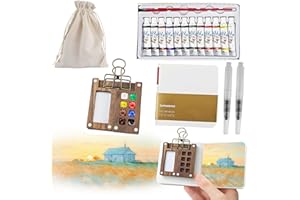 ELIPHONTOWNE 7 PCS Pocket Artist Watercolour Travel Set - 8 Grids Travel Watercolour Paint Set Portable, Mini Watercolour Painting Sets Travel with Foldable Wooden Palette, Sketchbook, Brush, Paint (White)
