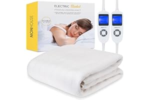 MONHOUSE Premium Soft Fleece Electric Blanket - Heated Under Blanket - Double 137x190cm Beige - Fitted Mattress Cover - Detachable & Machine Washable - Dual Controller Multi Zones, 9 Heat Settings