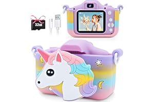 POSO Macchina Fotografica Bambini con 32GB Scheda, 2.0 Pollici Fotocamera Digitale Bambini, 1080P HD Selfie Videocamera Unicorno Regalo Giocattolo di Natale &Compleanno per Ragazze Ragazzi 3-10 Anni