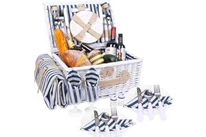 ‎HYBDAMAI HYBDAMAI Picknickkorb Set für 4 Person mit Kühlfach und wasserdichte Picknickdecke, Abnehmbarer Riemen, Weinbeutel, Besteck Set, für Camping, Strand, Wandern, BBQ und Familie/Paare Geschenke, Zubehör