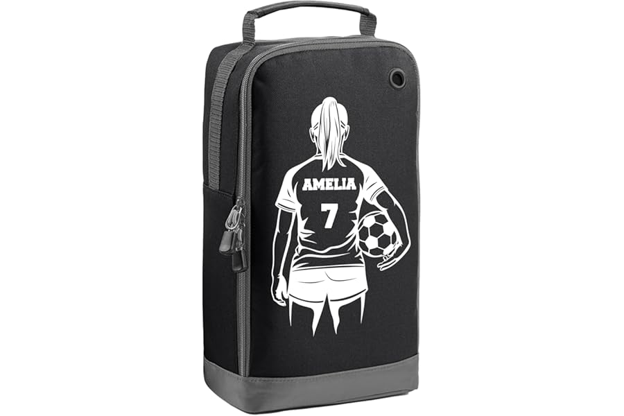 Personalised Kids Boot Bag with Custom Name - Girl Shirt + Number Design - Black Shoe Bag for PE & School