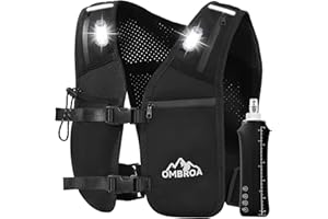 OMBROA Running Vest for Women Men,running vest with water bottles, Hydration Vest with Storage Function, Reflective Strips and 3 LED Lights, Suitable for Marathons, Jogging and Trail Running