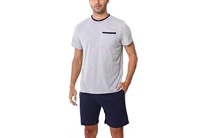 Litherday Pyjama Homme Été Coton Ensemble de Pyjama pour Homme Couleur Unie à Manches Courtes T-Shirt + Short à Carreaux avec Poches