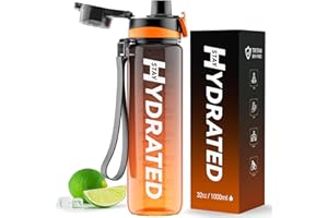 Mevoly Botella Agua, 1 Litro Botella Agua Gimnasio sin BPA con Marcador de Tiempo, Plastico Botella de Agua Deportiva Motivacional, Cantimplora 1L para Gym, Colegio, Bicicleta