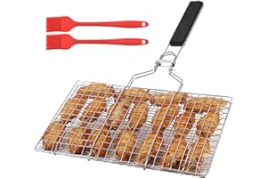 XINXINPHI Parrilla Barbacoa con Asa Extraíble & Cepillos Silicona, Canasta Asar Pescado Plegable Acero Inoxidable, Cesta Portátil para Verduras, Camarónes, Carne, Bistec, Peces (32x22cm, Plata)