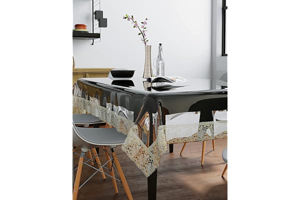 Homerz Premium High Thickness Transparent Table Cover with Lace, 15 mm Thick, Durable and Waterproof, 2 Years Guarantee (Golden Lace, 60x90 inch- 6-8 Seater)