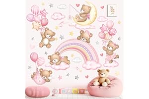 wondever Adesivi Murali Bambini Orso Arcobaleno Rosa Sticker da Muro Palloncini Orso Stelle Nuvole Adesivi da Parete per Camere Ragazze Asilo Nido Camerette Bambini
